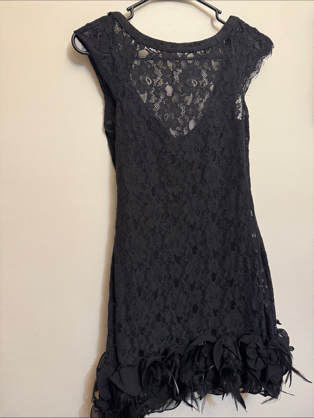 Jessica Simpson Black Lace Mini Dress with Floral Feather Hem